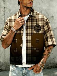 Modcrash Men's Yellow Plaid "NY 89" Slogan Print Short Sleeve Button-Up Shirt, Street Style Retro Shirt - Khaki - View 6