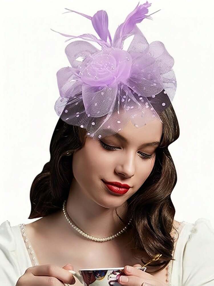 1pc Fascinators For Women Tea Party Headband Kentucky Derby Hats Flower Mesh Headwear Hair Clip For Wedding - Mauve Purple - View 1