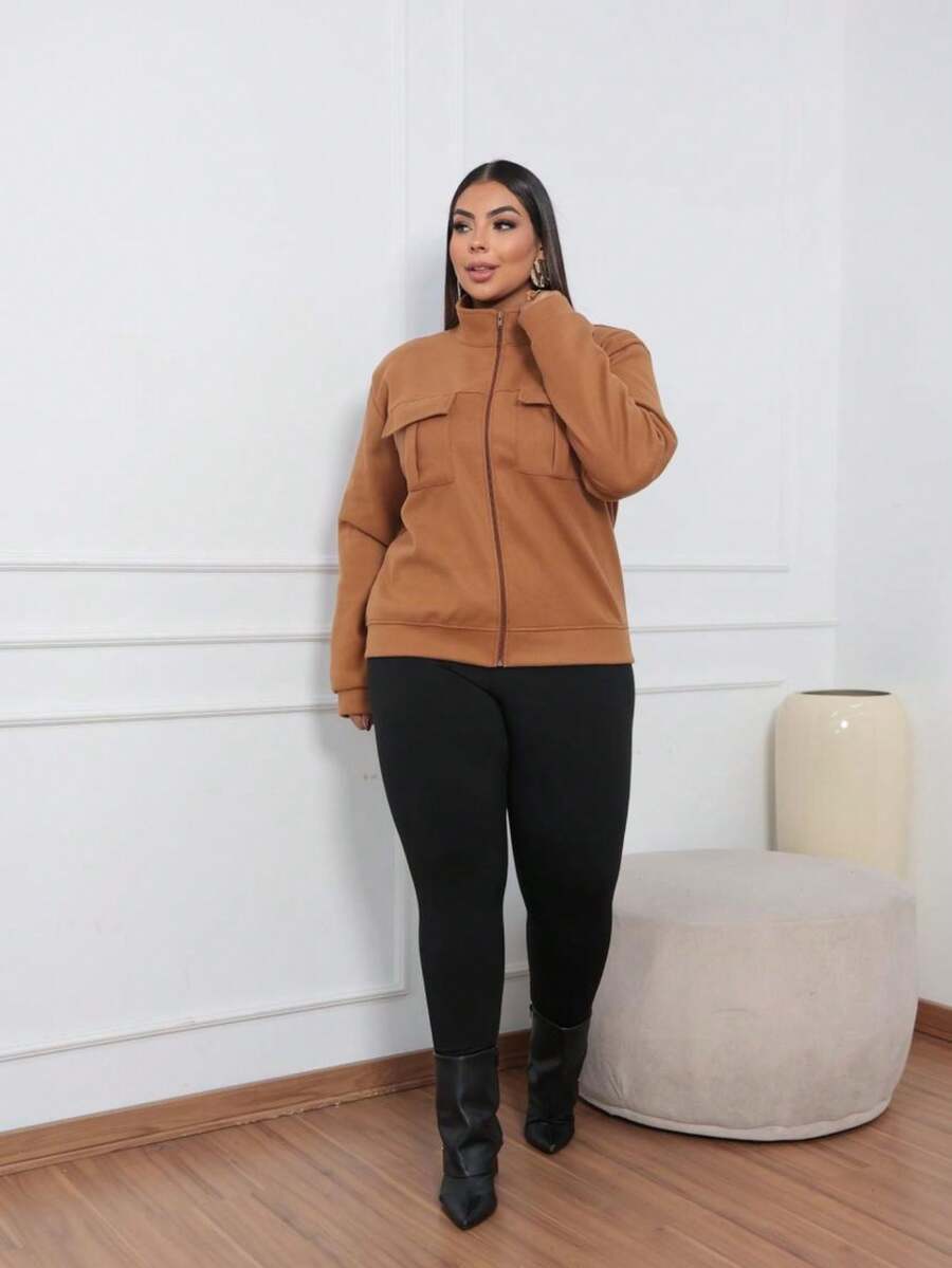 Women's Wool Coat With High Neck, Zipper And Pockets, Casual Winter - 駝色 - 查看 1