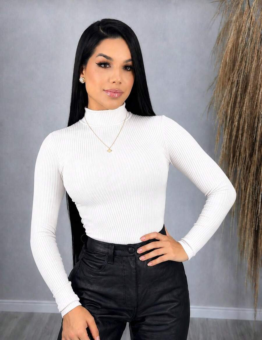 Women's Ribbed Turtleneck Long Sleeve Blouse For Winter - White - View 1