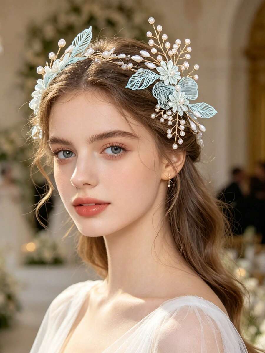 1件女款新娘伴娘水晶皇冠頭飾,伴娘婚紗花環髮梳髮飾,簡約髮飾 - 淺藍色 - 查看 1