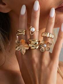6piezas/Set Anillos de articulación con flores de perlas falsas asimétricas, anillos personalizados con gota de aceite para mujeres, versátiles para uso diario, ir al trabajo, todas las estaciones, regalo para novia - Dorado - Ver 2