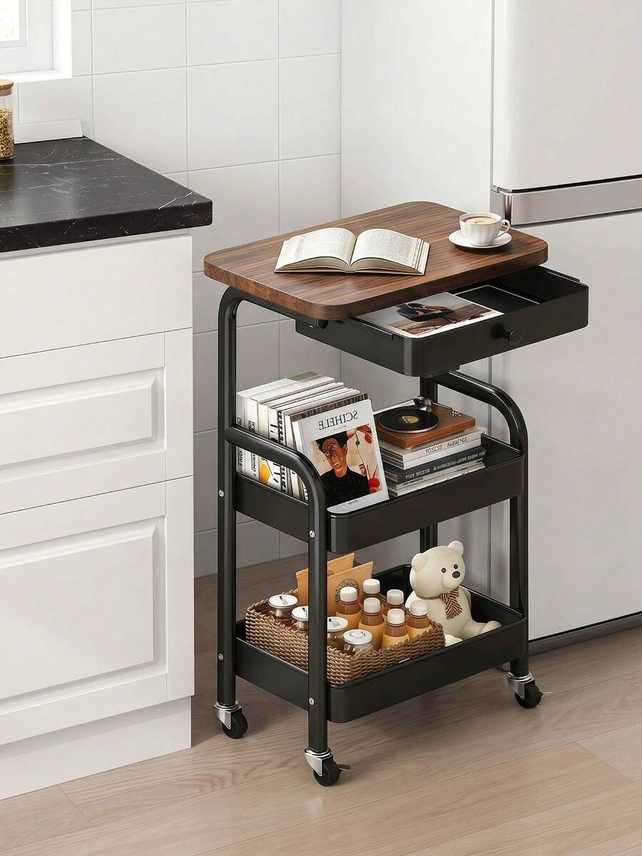 3-Tier Rolling Kitchen Cart, Storage Rack, Multi-Functional Metal Storage Shelf, Snack Rack, Portable Wheels, Suitable For Home Or Office Use, Office Storage And Organization Rolling Cart, Kitchen Cart
