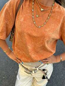 Women's Casual Knitted Short Sleeve T-Shirt, Distressed Orange Round Neck, Cute & Elegant Top, Suitable For Autumn Wear, Medium Stretch Fabric, Outdoor, Y2K, Street Style - Orange Red - View 1