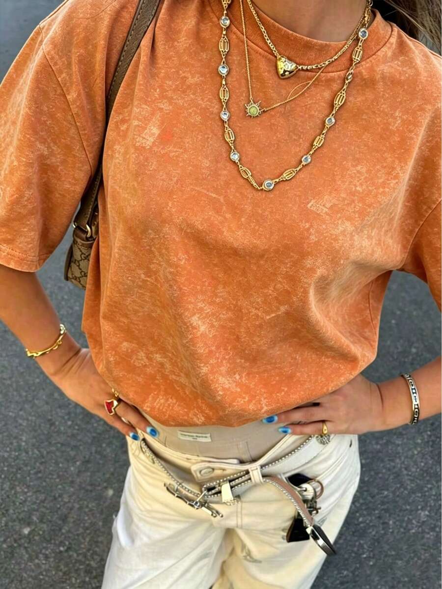 Women's Casual Knitted Short Sleeve T-Shirt, Distressed Orange Round Neck, Cute & Elegant Top, Suitable For Autumn Wear, Medium Stretch Fabric, Outdoor, Y2K, Street Style - Orange Red - View 1