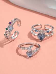 1 Set (3pcs) Y2K Heart Rhinestone Girls Ring Set, Daily Wear, Party, Vacation Accessory, Creative Gift, Elegant Jewelry Collection - Multicolor - View 2