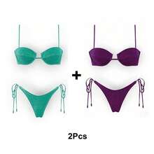 Women's Glossy String Bikini Set Soild Swimsuit Women's Fashion Bikini Green Halter Sport Swimsuit Beach Vacation Low Cut Shiny - 綠+紫 - 查看 8