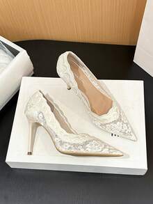 Xin Jing Shoes 女款高跟尖頭鞋 新款性感時尚刺繡網紗 婚禮宴會、日常約會女鞋 - 米色 - 查看 11