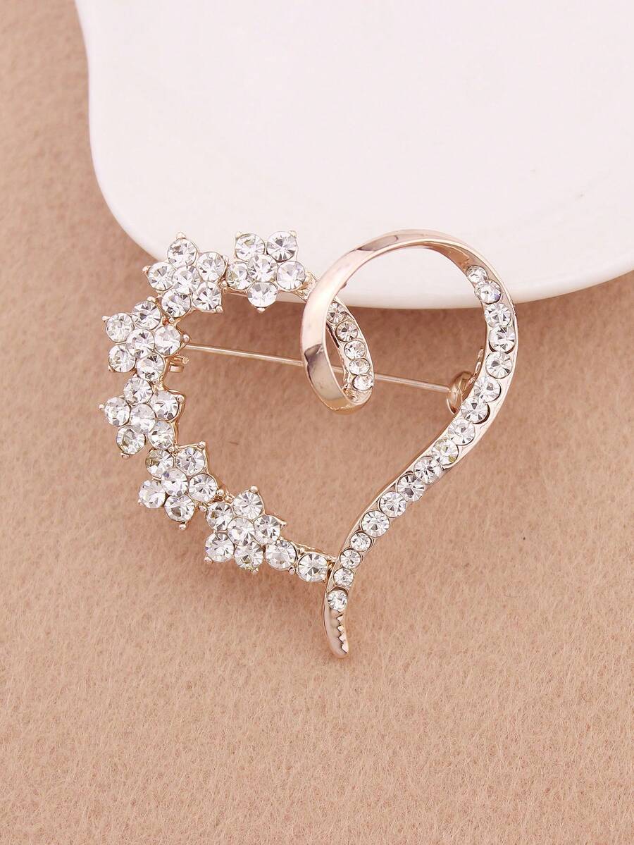 1pc Heart Vintage Elegant Zinc Alloy Pin Brooch Corsage, All-Season Rhinestone Heart Minimalist Cute - Gold - View 1