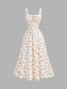 Vestido floral con panel frontal de encaje, espalda recogida con lazo, escote cuadrado, ideal para fiestas, brunch, vacaciones, banquetes, Día de San Valentín, Año Nuevo, vacaciones en la p - Rojo y blanco - Ver 1
