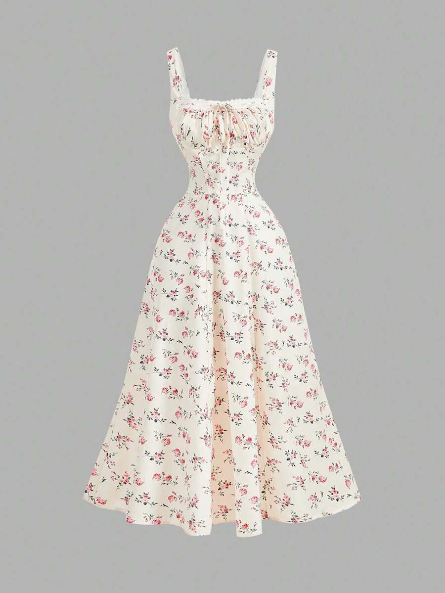 Vestido floral con panel frontal de encaje, espalda recogida con lazo, escote cuadrado, ideal para fiestas, brunch, vacaciones, banquetes, Día de San Valentín, Año Nuevo, vacaciones en la p - Rojo y blanco - Ver 1