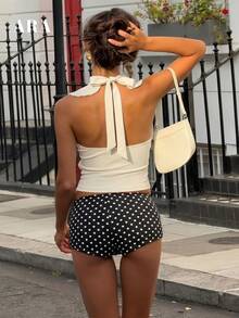 ARA CHIC Women's Cream Ruffle Halter Neck Top, Lace-Up Backless Sleeveless Fitted Cropped Blouse, Date Night Outfit - Light Yellow - View 2
