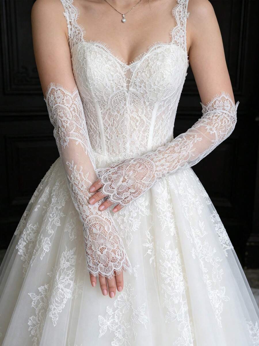 1雙女款優雅蕾絲長款露指白色新娘手套,適合婚禮、結婚、晚宴禮服配件 - 白色 - 查看 1