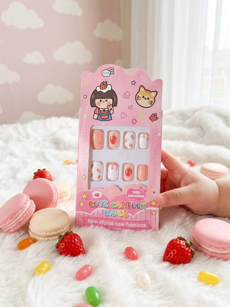 24pcs Cute Design Small Acrylic Fake Nails For Kids, Strawberry Pattern & Strawberry Milk Drip Short Oval Press-On Nail Tips, Cute And Sweet, Pre-Glued Full Coverage Small Nail Tips, Suitable For Kids Girls Gift, Birthday Party And Makeup Decoration - Multicolor - View 1