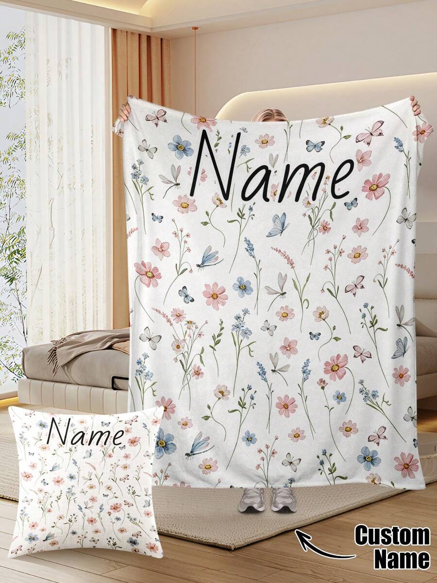 Custom Wildflower Personalized Text Soft Memory Flannel Blankets Pillow Cushion Cover Set ,Designed For Daily Comfort And Sentimental Moments. It's Perfect Gift For Father's Day, Mother's Day, Valentine's Day, Birthdayweddinggraduationanniversary - Multicolor - View 1