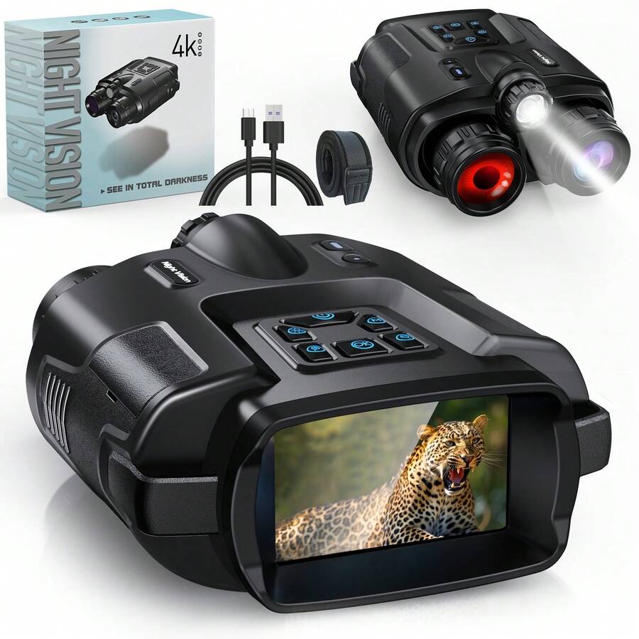 4K Night Vision Binoculars-Supporting Illumination, Fill Light, And Signal Transmission To Aid In Camping And Hunting; Features A Large 3-Inch Screen And 8x Digital Zoom; Includes 64GB Of Built-In Storage For Saving Photos, Maps, And Videos. - 黑色 - 查看 1