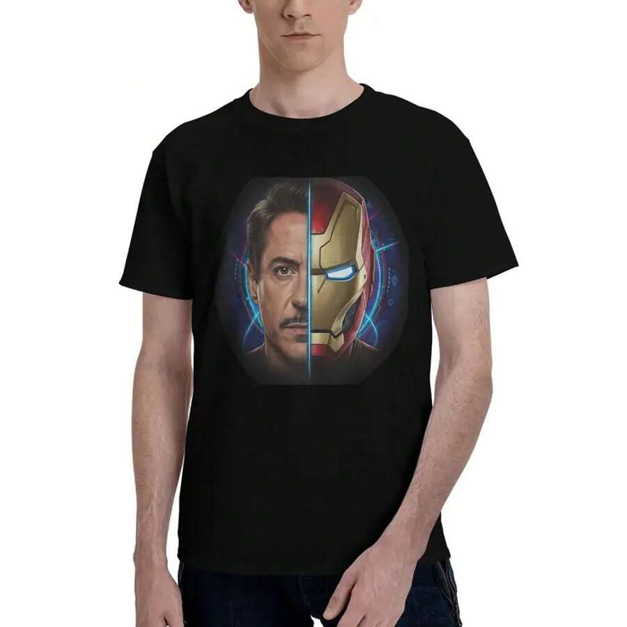 Disney Tony Stark Men's Shirts Funny Tee Shirt Short Sleeve O Neck% Cotton Printing Clothes-Shirt - 紅色 - 查看 1