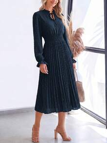PRETTYGARDEN Women's Spring Fall Midi Dress Casual Long Sleeve V Neck Swiss Dot Pleated A Line Flowy Dresses New Years Party Valentine Vacation Dresses For Women - 藏蓝色 - 查看 4