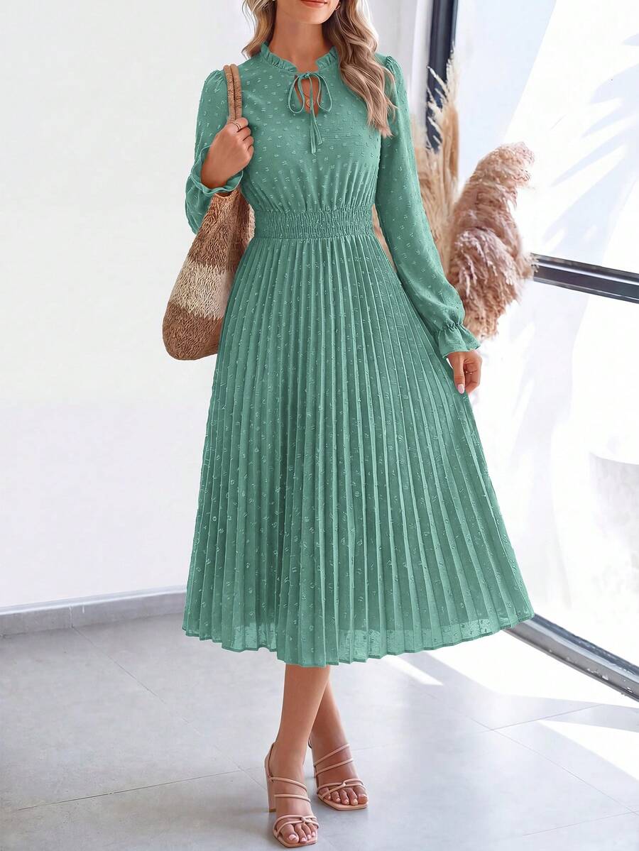 PRETTYGARDEN Women's Spring Fall Midi Dress Casual Long Sleeve V Neck Swiss Dot Pleated A Line Flowy Dresses New Years Party Valentine Vacation Dresses For Women - 綠色 - 查看 1