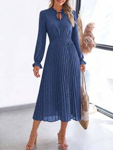 PRETTYGARDEN Women's Spring Fall Midi Dress Casual Long Sleeve V Neck Swiss Dot Pleated A Line Flowy Dresses New Years Party Valentine Vacation Dresses For Women - 灰藍色 - 查看 5