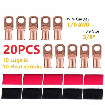 10pcs 1/0 AWG Gauge Copper Lugs W/ RED & BLACK Heat Shrink Ring Terminals