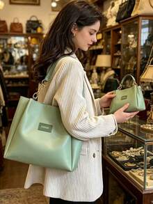 Large Capacity Chain Strap Tote Bag, Women's Minimalist PU Leather Shoulder Bag, Solid Color Commuter Work Daily Handbag - Green - View 4