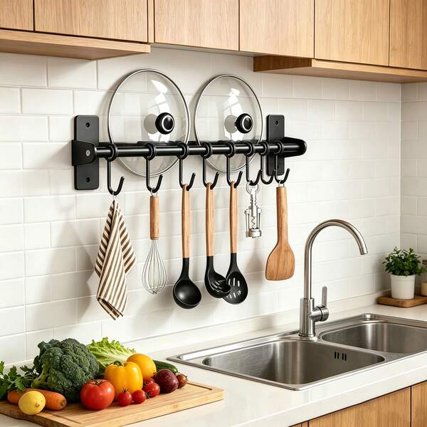1pc - Minimalist Fashionable Black Removable Hook, No Screws Required. Suitable For Kitchen, Bathroom Or Pot Lid Storage Rack. Adhesive Backing, No Nails Needed. Suitable For Garage Tool Hooks, Behind Door Keychains, Jewelry Hooks, Etc.