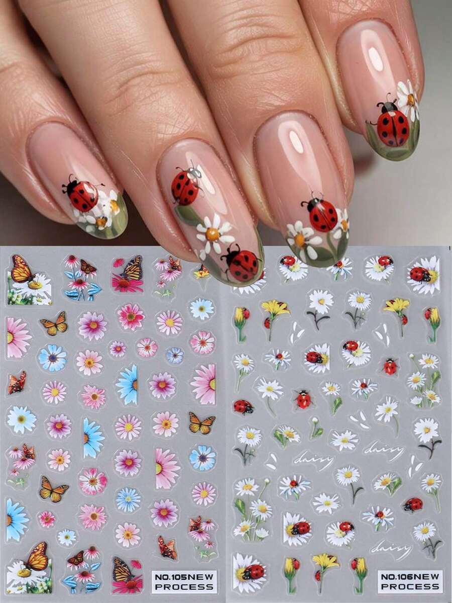 2片裝雛菊美甲貼紙，白色粉色藍色花朵、瓢蟲與蝴蝶，春夏美甲貼花，自黏式3D DIY滑入式美甲貼紙，美甲裝飾 - 彩色 - 查看 1