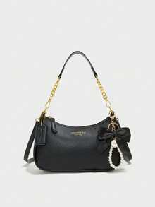 Bolso de hombro de mujer de PU negro de moda, bolso de mano con forma de media luna con correa de hombro ajustable y asa superior, decorado con patrón de mantequilla negra - Negro - Ver 2