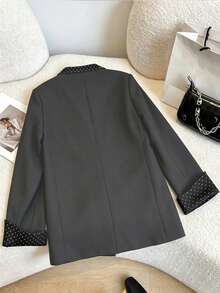 Black Polka Dot Blazer, V-Neck With Satin Detail And Large Pockets, Suitable For Work, Party And World Cup Occasions, Women's Versatile Commuter Fashion Jacket - Grey - View 3