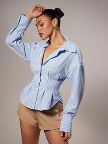 Camisa casual de mujer con botones y cintura ceñida a rayas, otoño - Azul - Ver 7