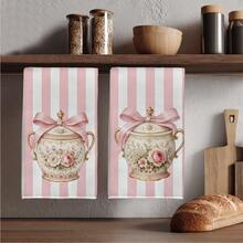 2pcs Striped Afternoon Tea Enamel Jar Pattern Kitchen Towels, Rectangular Microfiber Kitchen Towels, Dishcloths, Scouring Pads, Hand Towels, Cooking Baking Tea Towels, Kitchen Decor, Housewarming Gifts, Birthday Gifts, Bathroom Cleaning Wipes, Decorative Towels - Multicolor - View 1