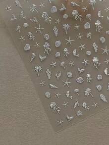 1片金屬銀色美甲貼紙，3D浮雕海洋生物與貝殼設計，優雅海洋風美甲裝飾貼紙 - 彩色 - 查看 3