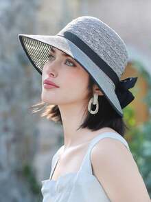 1pc Women's Summer Cute Sweet Solid Color Bow Decor Elegant Outdoor Sun Hat, Summer Hot-Selling New Versatile Easy-To-Care-For Face-Slimming Elegant Elegant Outdoor Beach Sun Hat, Comfortable Casual Suitable For Outings, Gatherings, Shopping, Travel, Vacation And Other Occasions - Multicolor - View 4