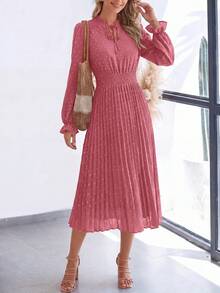 PRETTYGARDEN Women's Spring Fall Midi Dress Casual Long Sleeve V Neck Swiss Dot Pleated A Line Flowy Dresses New Years Party Valentine Vacation Dresses For Women - 粉色 - 查看 3