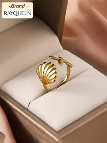 RAYQUEEN 1 pieza Anillo de acero inoxidable con estrella de mar y concha para mujer, anillo de banda abierta elegante, versátil, dulce y fresco, adecuado para uso diario - anillo - Ver 4