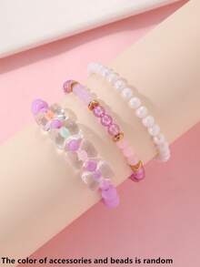 3pcs/Set Girls Colorful Beads Beaded Bow Bracelet Set Combination Suitable For Daily Decoration - Multicolor - View 5