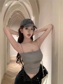 極簡性感辣妹加厚內墊女款短版直領抓皺內搭背心，休閒夏季款 - 灰色 - 查看 6