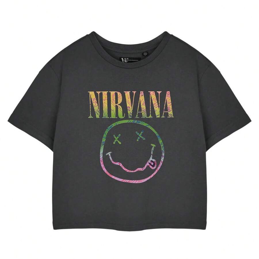 Nirvana Womens/Ladies Rainbow Logo Crop T-Shirt - Charcoal - View 1