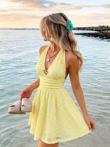 MOD Halter Dress With Ruffles And Floral Print - Yellow - View 1