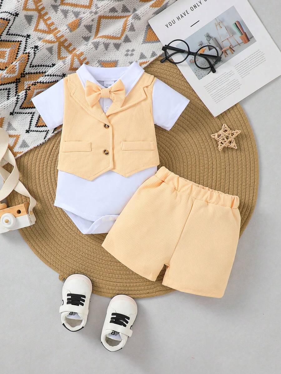 AfterClass 3-Piece Baby Boy Christening Outfit: Short Sleeve Collar Patchwork Waffle Romper + Shorts + Bow Tie, Adorable Christening Suit