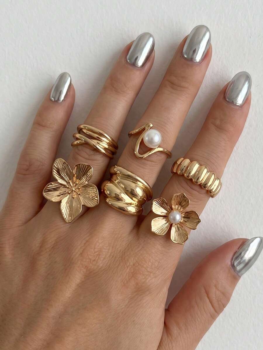 6piezas/Set Anillos de articulación con flores de perlas falsas asimétricas, anillos personalizados con gota de aceite para mujeres, versátiles para uso diario, ir al trabajo, todas las estaciones, regalo para novia - Dorado - Ver 1