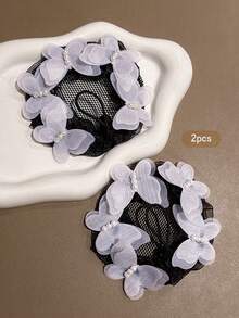 2pcs White Butterfly Hair Net Simple Style Hair Tie Performance Dance Headpiece Ponytail Elastics Rubber Bands - Multicolor - View 7