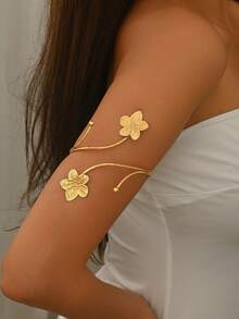 1pc Fashionable Personalized Double Texture Open Arm Cuff, Minimalist Patterned 3D Floral Geometric Open Adjustable Arm Decor, Suitable For Music Festivals, Proms And Parties - Gold - View 1