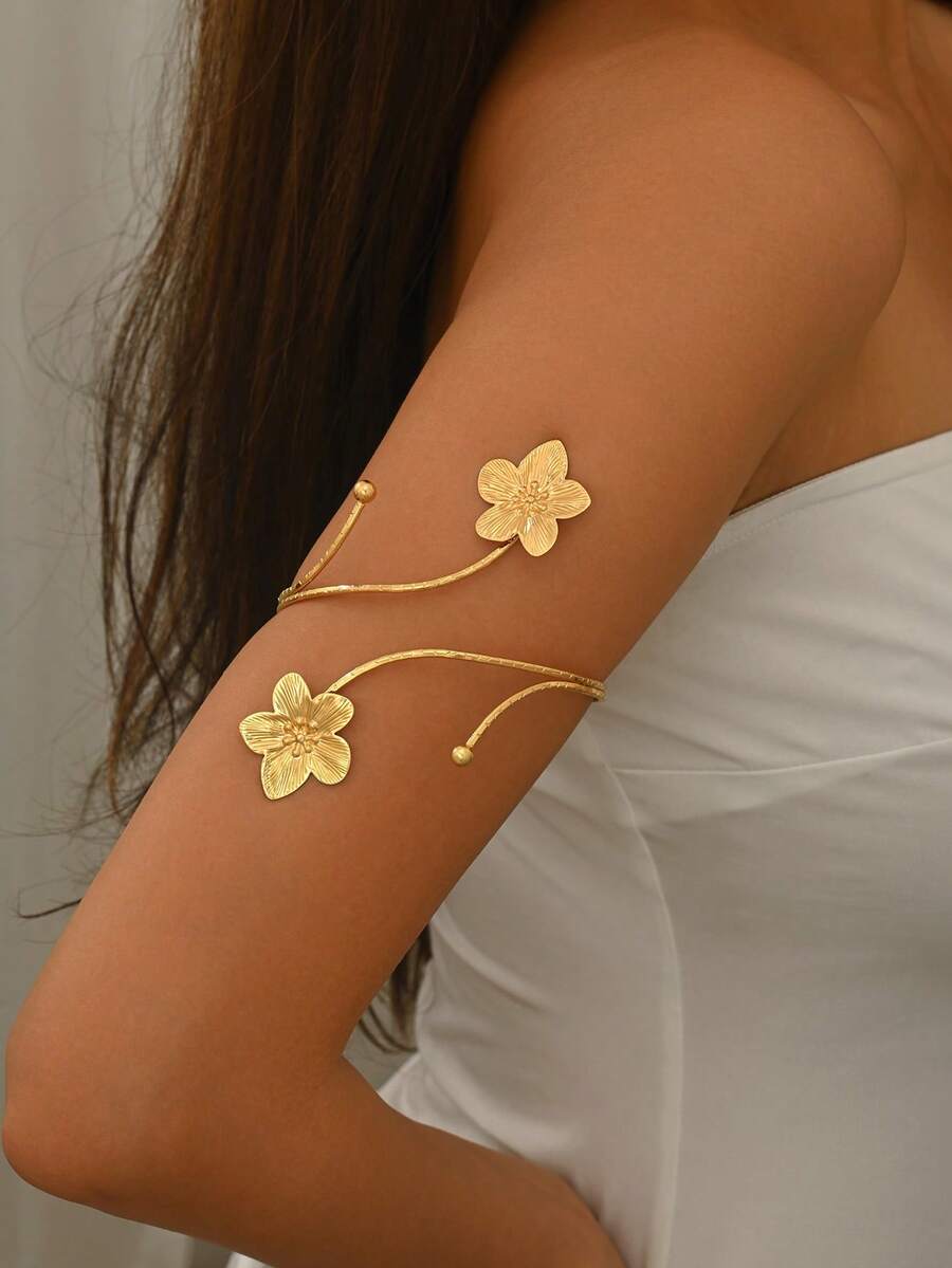1pc Fashionable Personalized Double Texture Open Arm Cuff, Minimalist Patterned 3D Floral Geometric Open Adjustable Arm Decor, Suitable For Music Festivals, Proms And Parties - Gold - View 1