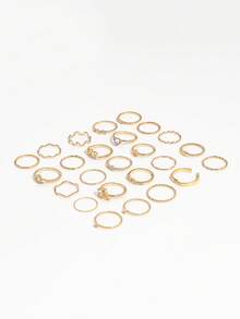 25PCS INS Style Rhinestone Heart Twisted Asymmetrical Thin Ring Set, Heart Rhinestone Braided Wave Rings For Women - Gold - View 3