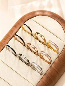 Set de 3 anillos de acero inoxidable con diamante de imitación, estilo europeo y americano de lujo, adecuado para uso diario y como regalo - Oro rosa - Ver 5