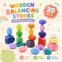 20pcs Natural Wooden Stacking Balance Stones: Montessori Educational Toy, Suitable For Toddlers, Puzzle Sorting & Early Learning, Children's Birthday And Christmas Gift - Multicolor - View 3