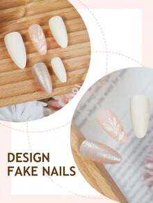 24pcs Medium Almond Shaped Spring Leaf Pattern Glitter Nail Stickers, Full Coverage Shiny Fake Nails, Suitable For Women And Girls Daily Wear Nail Supplies - Green - View 3