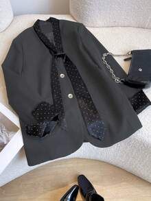 Black Polka Dot Blazer, V-Neck With Satin Detail And Large Pockets, Suitable For Work, Party And World Cup Occasions, Women's Versatile Commuter Fashion Jacket - Grey - View 5